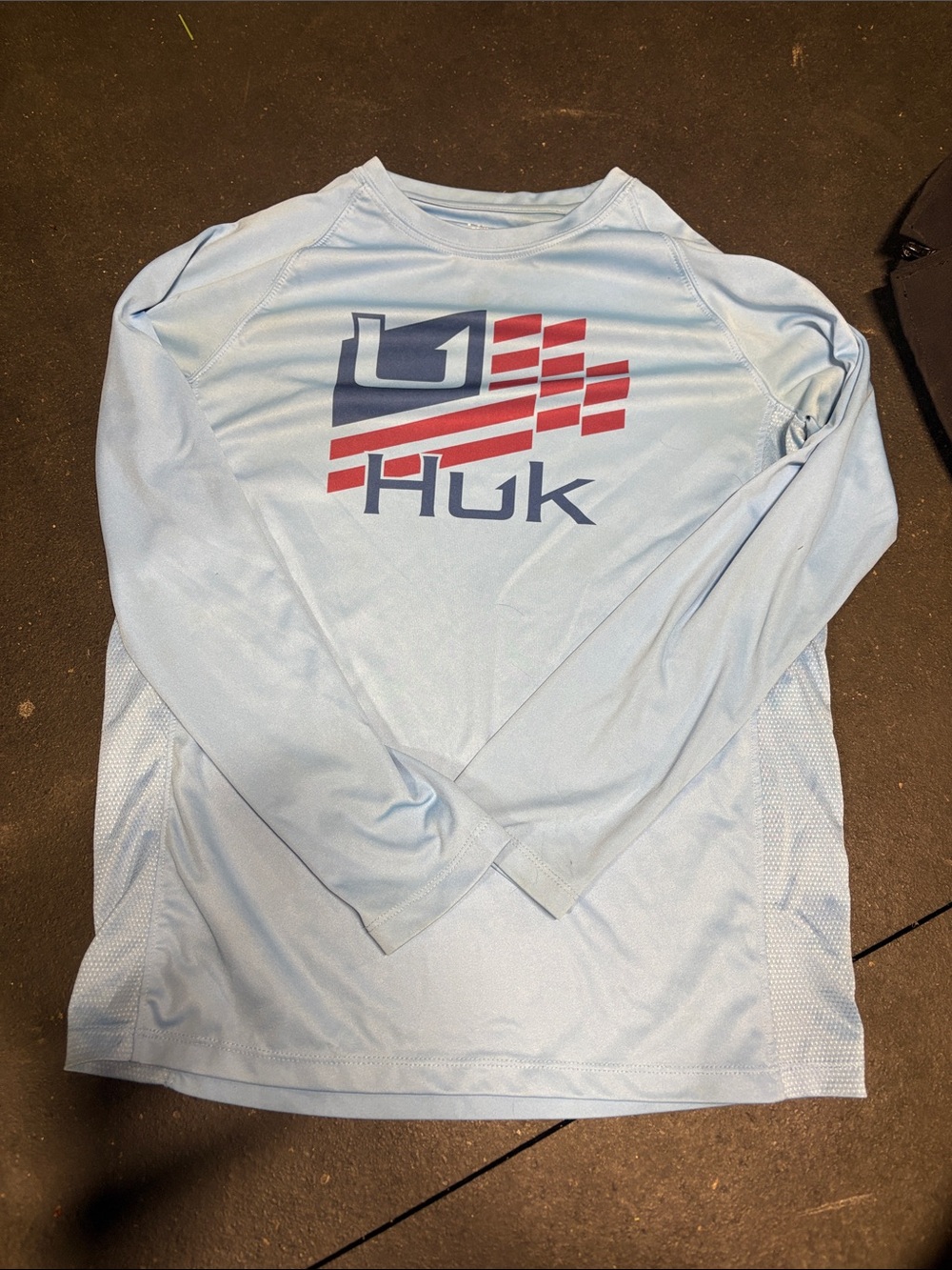 Huk Light Blue Performance Long Sleeve Shirt with Red and Navy Logo